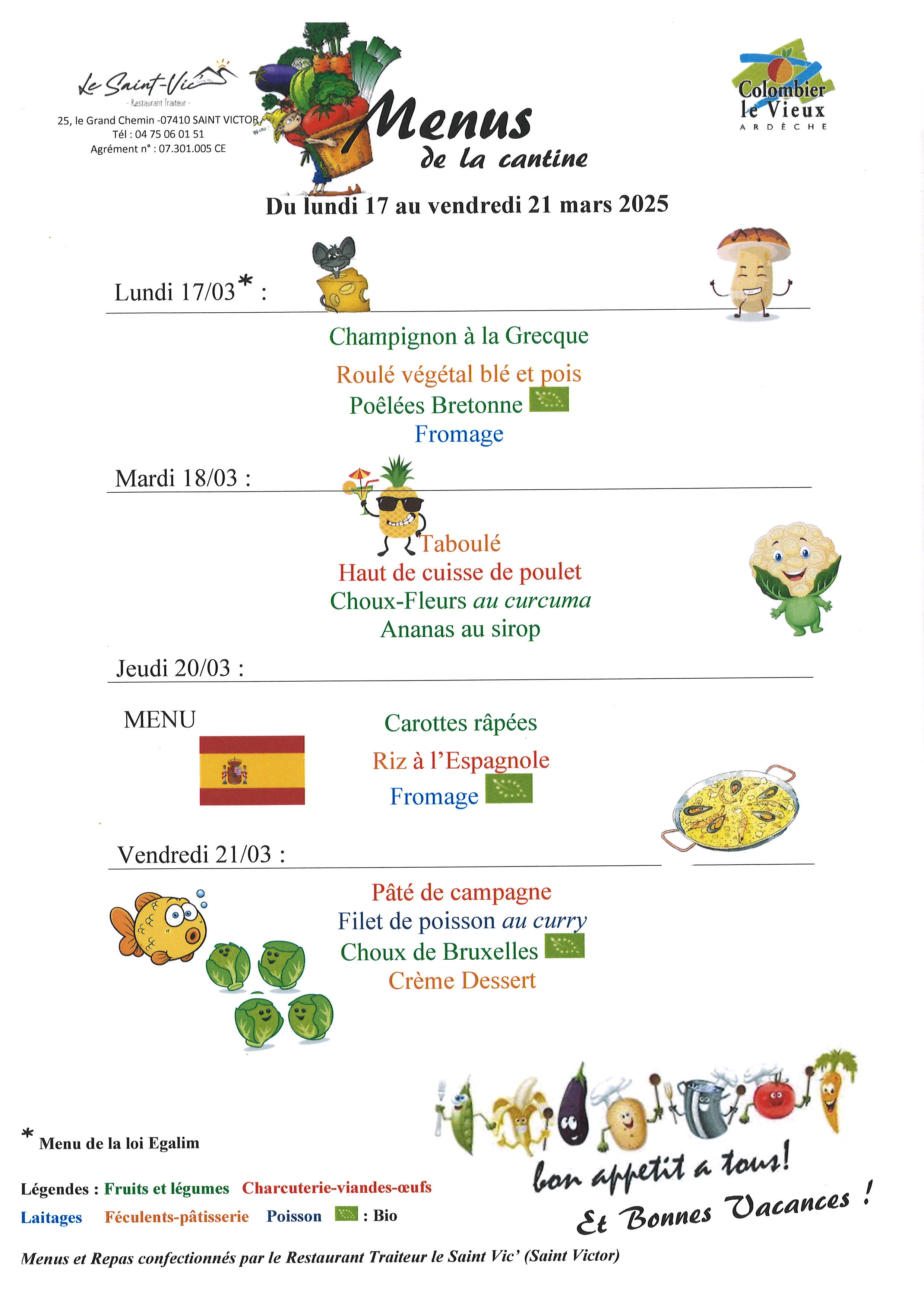 MARS Menus du lundi 17 au vendredi 21 mars 2025