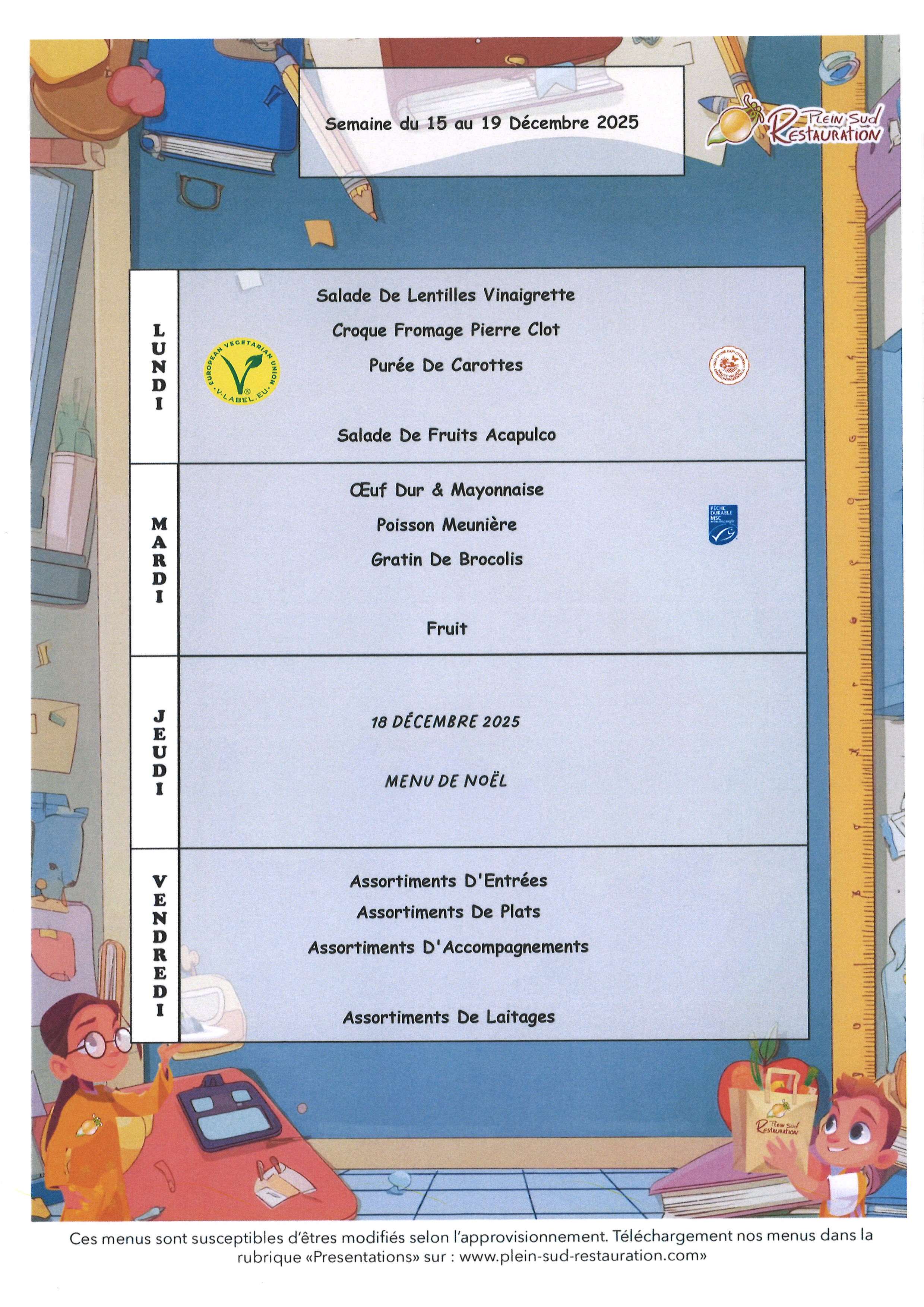 Menu Semaine du 15 au 19 decembre