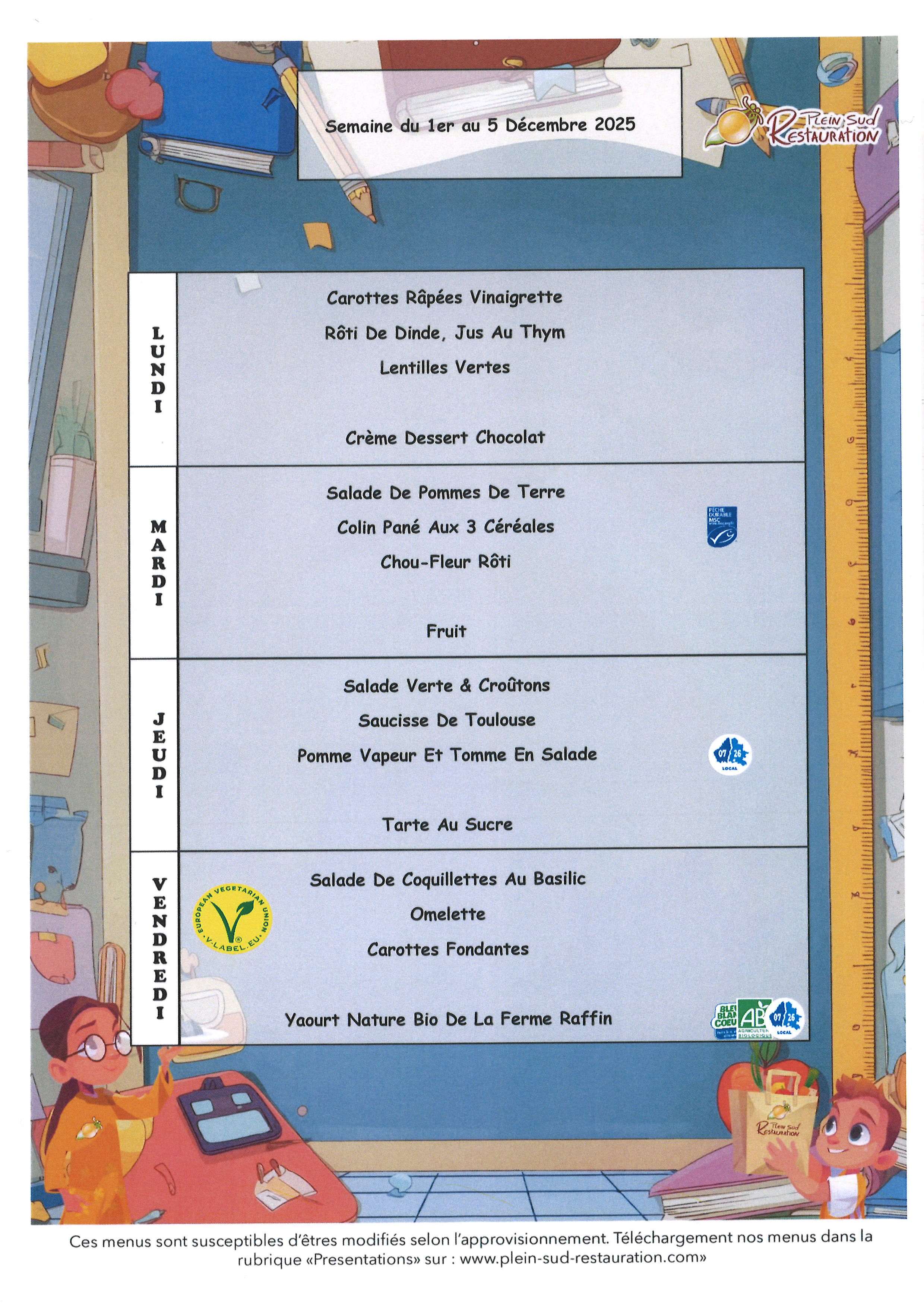 Menu Semaine du 1er au 5 decembre