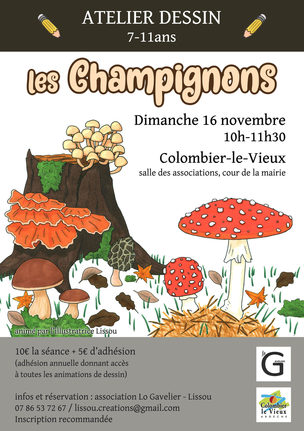 affiche atelier dessin les champignons novembre 2025